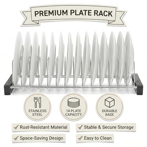 Image of Stainless Steel Small Plate Rack for Kitchen | 14 Slots Dish & Plate Stand | Space Saving Countertop Organizer | Rust-Resistant Dish Holder with Stable Base (45.5 x 16 x 10.5 cm) (Pack of 1)