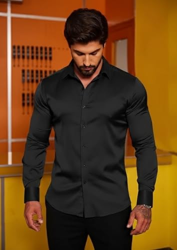 Image of Combo of Men's Premium Satin Cotton Shirt with Full Sleeves & Spread Collar | Smooth Finish | Slim Fit | Stylish Button Down Shirt for Evening, Casual Pack of 2