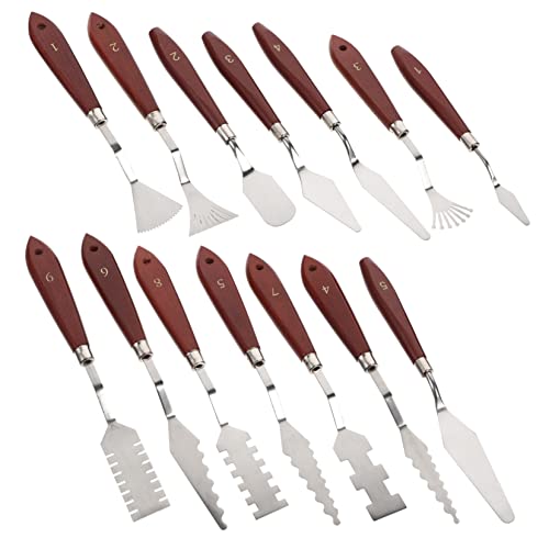 VILLCASE Oil Painting Spatula Set 14pcs Wood Handle Knives Mixing Spatulas Stainless Steel Blades for Artists Hobbyists