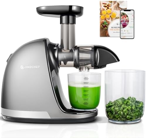 AMZCHEF Licuadora prensado en frío - Extractor de zumos y verduras - Licuadoras para zumos con 2 depósitos y cepillo - Cold press slow juicer machine con función de masticación inversa - Plata
