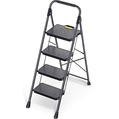 TOOLF 4 Step Ladder, Sturdy Steel Step Stool with Anti-Slip Wide Pedals, Handrail, Safe-Lock Design, Folding Portable Ladder for Multi-Purpose, Home, Kitchen, Pass 800lbs Load Testing, Black