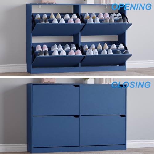 Image of BORNOON Shoe Cabinet with 4 Flip Drawers, Narrow Hidden Shoe Storage Cabinet, Slim Freestanding Shoe Rack Organizer for Entryway, Hallway, Bedroom, Living Room
