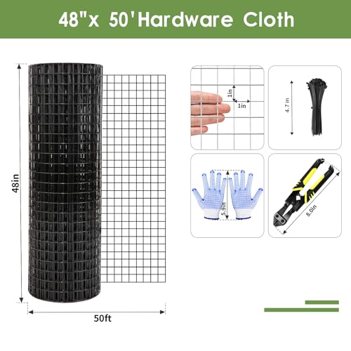 Tongmo 48\" x 50\' Black Hardware Cloth, 1inch Mesh Chicken Wire Fence, 19 Gauge Vinyl Coated Wire Poultry Net and Welded Wire Roll