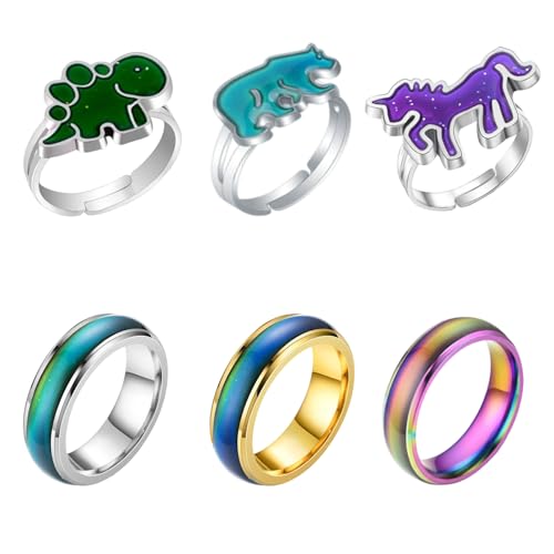 Yuwnd 6 Stück Stimmungsring Kinder Kinderringe Mädchen Farbwechsel Mood Ring Kinderring Verstellbare Mood Rings Als Partyaccessoires und Geschenk Geburtstag Valentinstag Jubiläum