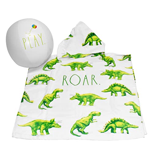 Rae Dunn Kids Poncho Towel with Beach Ball - 100% Cotton Hooded Bath Towel with Fun Dinosaur Graphics, Great for Boys and Girls; Also Includes Colorful 12