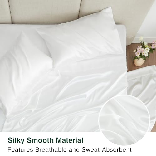 Love's cabin Full Size Satin Sheet Sets - 4 Piece White Silky Satin Sheet Set Full with Deep Pocket, Luxury Silk Feel Satin Bed Sheets Full Bedding Set (1 Flat Sheet,1 Fitted Sheet,2 Pillow Cases)