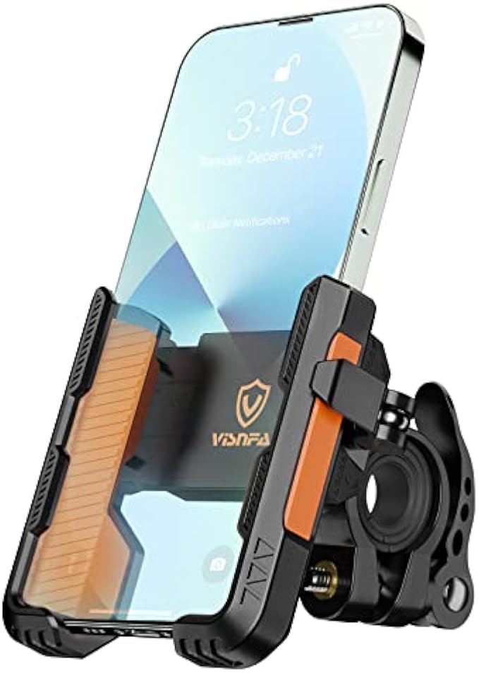 visnfa New Upgraded Bike Phone Mount Holder Two Connectors Quickly Lock and Release,360°Rotatable Bicycle Motorcycle Scooter Accessories Handlebar Phone Clip Suitable for 4.0"-7.0" Smartphone (Orange)