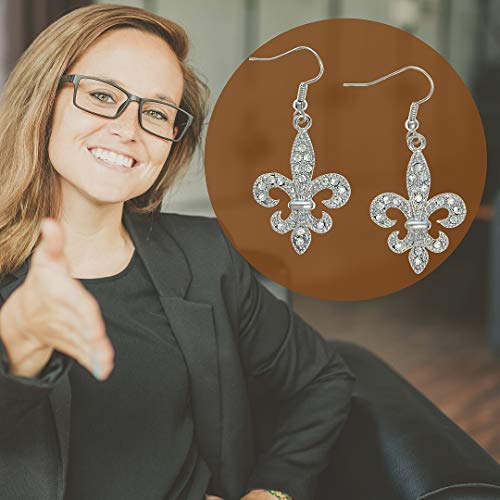 Pammyj Silvertone Clear Crystal Fleur De Lis Dangle Earrings #TOP3