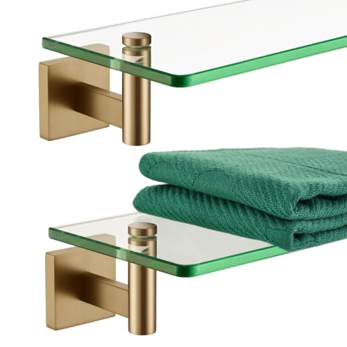 KOKOSIRI Wall Shelves Bathroom Hardware Glass Floating Shelf Small Hanging Rack Storage/Room Decor 16-Inch Champagne Bronze 2 Pack B1105CPG-L16-P2