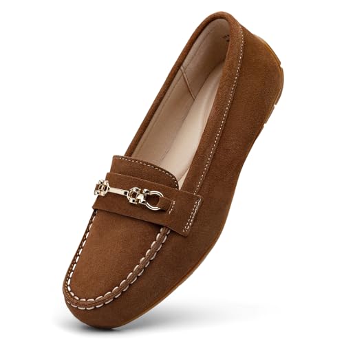 KORDAL Women's Comfortable & Lightweight Brown Suede Leather Loafers Slip-Ons Driving Mocs Walking Shoes Cute Business Casual Dress Shoes Work Flats for Women 11 M US