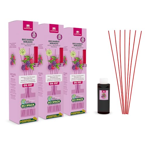 CRISTALINAS | Pack 3 Recambio Ambientador Hogar Mikado + Cañas | Aroma Moras y Frambuesas | Ideal para casa y oficina | 100% Puro | Larga Duración 12 Semanas | 3x85ml | 0% Alcohol
