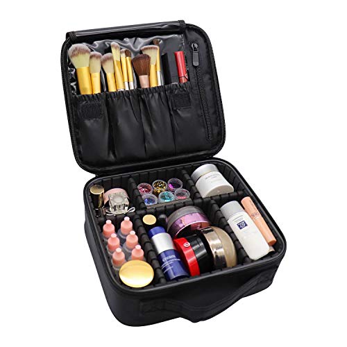 Rolybag Travel Makeup Case Portable Organizer Cosmetic Case With Adjustable Dividers Big Capacity Makeup Bag For Makeup Brush Set Jewelry Travel Accessories (Black)