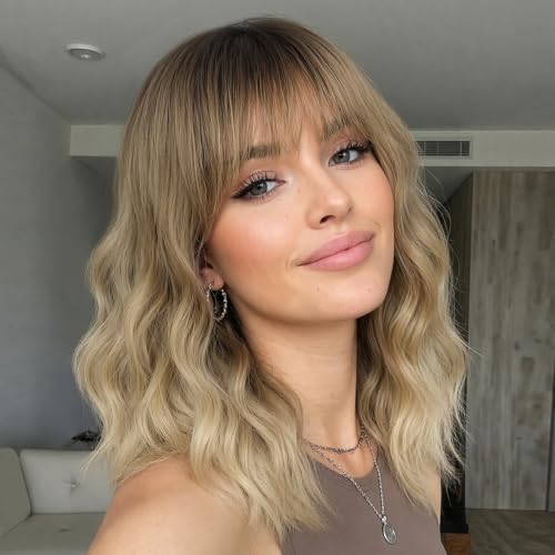 Image of Nnzes Short Wavy Bob Wig with Bangs for Women Shoulder Length Curly Soft Dark Root Beige Blonde Ombre Synthetic Heat-Resistant Fiber Hair for Daily & Party Use