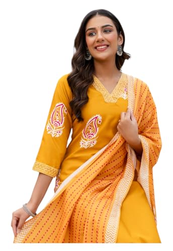 Kurta imprimé en rayonne Yashika avec pantalon et dupatta jaune pour femme