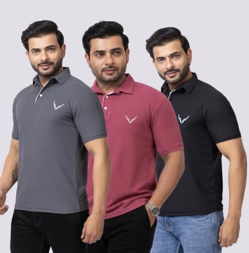 Image of HANABY Men's Summer Polo Solid Half Sleeves Polycotton T-Shirt | Collar Breathable and Comfortable T-Shirt (Pack of 3)