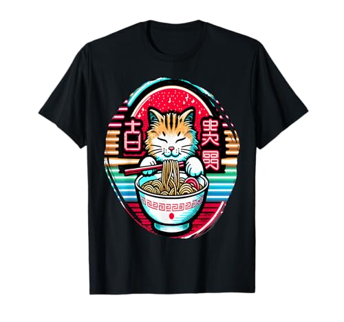 Gato divertido comiendo fideos ramen japoneses Camiseta