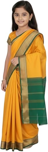 Mom and Me Ready-to-Wear Girls Ethnic Saree|Pre-Stitched Belgaon Silk Saree with Blouse|Golden Zari Border |school annual ...