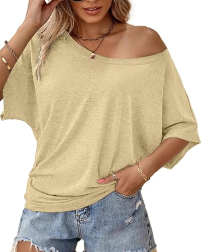 Image of Hilinker Womens Sexy Off The Shoulder Tops Short Batwing Sleeve T Shirt Oversized Casual Tee Beige Large