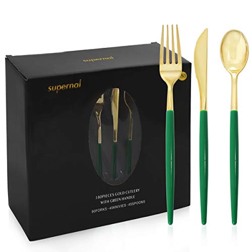 Supernal 102 pcs Saint Patricks Day Gold Plastic Silverware,Disposable Gold Cutlery with Green Handle,Elegant Disposable Cutlery,Include 34 Forks34 Knifes and 34 Spoons