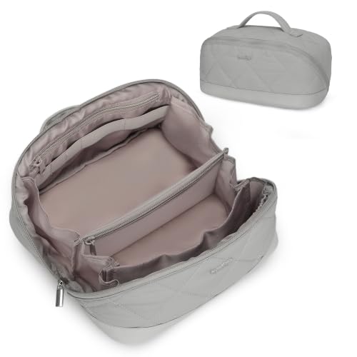 Image of Hynes Eagle Travel Makeup Bag for Women Puffy Cosmetic Organizer Pouch Open Flat Toiletry Bag for Toiletries Brushes Structured Base Light Grey