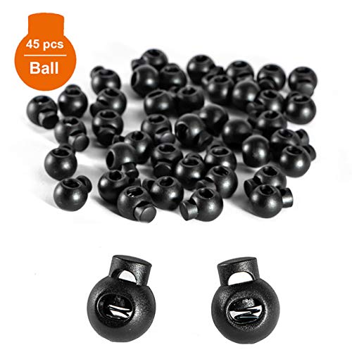 Double Elite 45 Pcs Plastic Cord Locks Ball Shape For Hat Straps, Single Hole Draw String Clip, Spring Cord Toggle For Drawstrings/Paracord/Shoelaces/Hoodies/Pants Closures, Black #TOP1