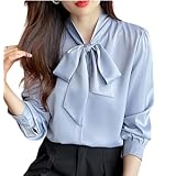 【1/2style】ボウタイブラウス 長袖 とろみ シャツ 水玉 千鳥 無地 上品 シルエット 体型カバー きれいめ オールシーズン レディース (ブルー,XL)