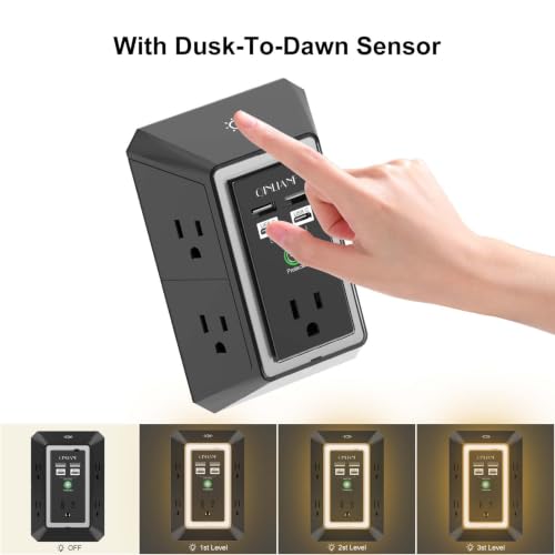 Image of Surge Protector, QINLIANF 5 Outlet Extender with 4 USB Ports(2USB-C) | 1680 Joules, 3-Sided Power Strip with Night Light, Multi Plug Wall Outlet Adapter Spaced for Home Travel Office, Black