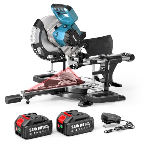 SEESII Sliding Compound Miter Saw: Cordless Power Miter Saw with Laser Guide 8-Inch, 2 * 5000 mAh Batteries, Single Bevel 45°, 24T TCT Blade, Max Cut 2.5×12-inch, Ideal for DIY & Woodworking