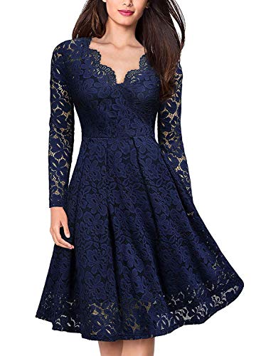 Bienwwow Robe de soirée rétro en dentelle florale à col roulé et manches longues - Pour femme - Taille haute - Hanches basses, bleu, XL Cover