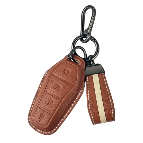 Image of Keyzone Royal Leather Car Key Cover with Keychain for BYD Seal and Atto 3 smart Key (Cognac Brown)