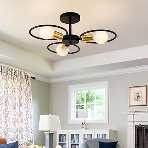 Image of SINOMAN Metal Modern Ceiling Light Fixture 3- Wheel Light Semi Flush Mount Black Finish, Industrial Round Cage Design, E27 Base for Living Room, Bedroom, Dining Room and Home Decor (with Bulb)