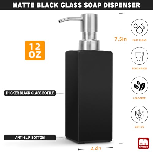 Image of GMISUN Black Soap Dispenser Bathroom, Glass Hand Soap Dispenser with Stainless Steel Pump, 12 fl oz /350ml Refillable Dish Dispensers for Kitchen, Modern Liquid Lotion Bottles for Bathroom Countertop