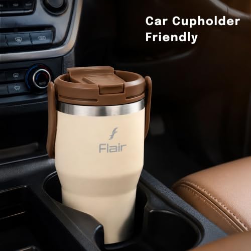 Image of FLAIR Rage Vacuum Insulated Coffee Tumbler 500 ml Beige | 2-in-1 Lid (Straw & Sip)| 304 Double Wall Stainless Steel | Leak-Proof Lid | Hot & Cold Travel Mug with Handle | BPA-Free