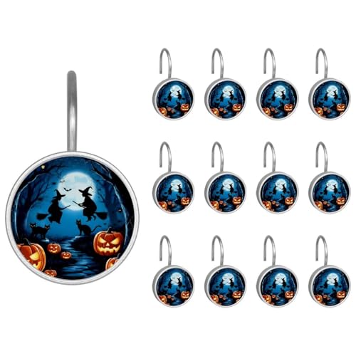 12pcs Glass Shower Curtain Hooks, Rust Resistant Decorative Shower Rings for Bathroom Living Room,Stainless Steel Hooks for Shower Curtain and Liner Rods (Witch Pumpkin Forest)