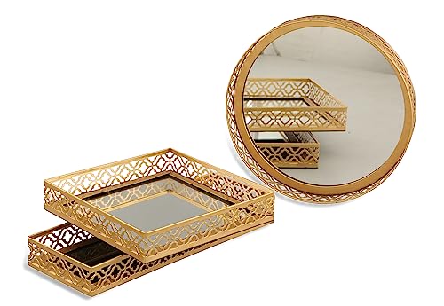 Image of Decorative Mirror Tray for Serving (Rectangular, Square, Round), (Gold) Set of 3 Pcs