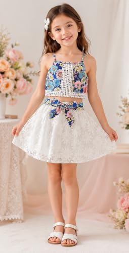 Image of TAGAS Girls Girls Floral Crop Top and White Lace Skirt Set - Summer Sleeveless 2-Piece Outfit with Bow Belt - Casual Party Dress for Kids
