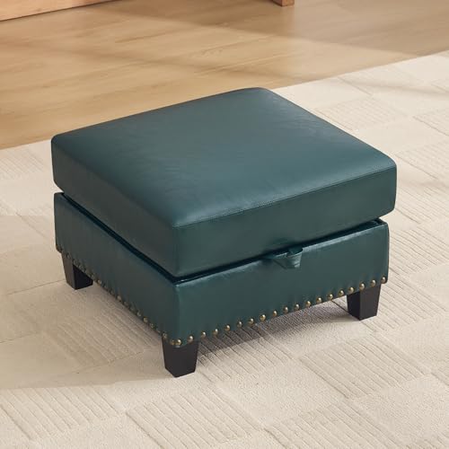 Image of 25.2 inch Faux Leather Storage Ottoman Bench for Couch, Vintage PU Leather Foot Stool with Nailhead Trim for Sofas, Mid Century Modern Hidden Storage Footrest for Living Room, Office, Forest Green