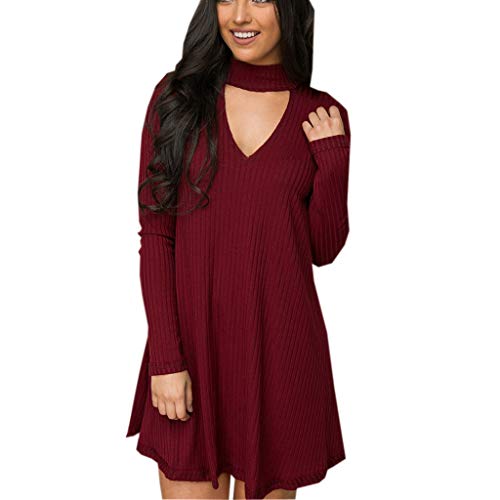 Beikoard_Vestido,Vestido de Primavera, de Verano, de otoño de Señorita ? Temperamento de la Moda,Suéter de Cuello Redondo con Cuello en v Manga Larga de otoño e Invierno.? Vestido