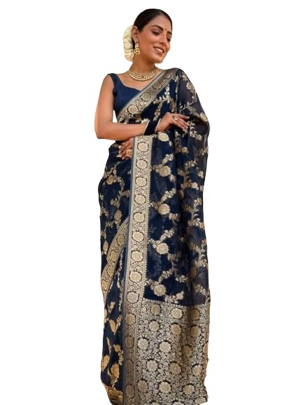 Flosive Women's Kanjivaram Silk Saree With Weaving Work Gold Zari With Blouse (Dark Blue)