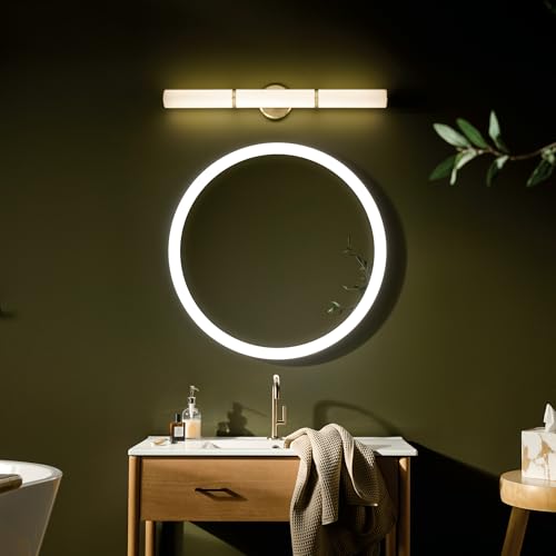 Image of Kichler Rosh 32 inch LED Bathroom Vanity Light Fixture with White Glass, Large Modern Minimalist Bath Bar in Champagne Bronze for Mirror Lighting (32 inch W x 5 inch H), 55189CPZLED