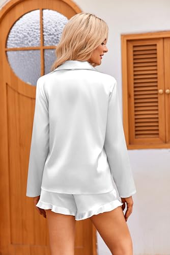 Image of Ekouaer Womens Satin Pajama Sets Long Sleeve Top and Shorts Lounge Set Button Down Sleepwear