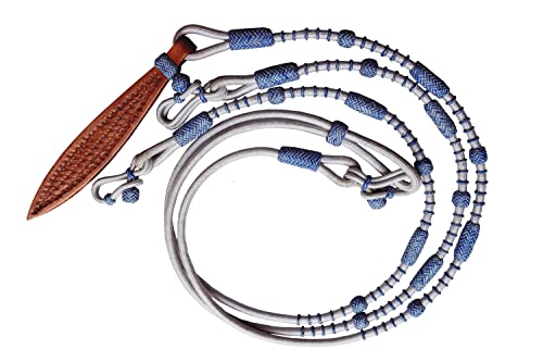 Horse Western Tack White Nylon Rope with Blue Knots Raw Hide Leather Hand-Braided Romal Romel Reins Hand Made Ranch Rope/RopeReins-8.5 Ft Rein, 52' Romel