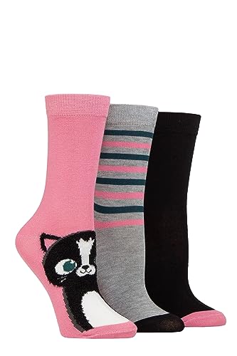 SockShop Ladies Soft, Cooling & Breathable Bamboo Feather Textured Patterned Socks in a Multipack of 3 Pairs Size 4-8 (as8, numeric, numeric_4, numeric_8, regular, regular, Fluffy Cat)