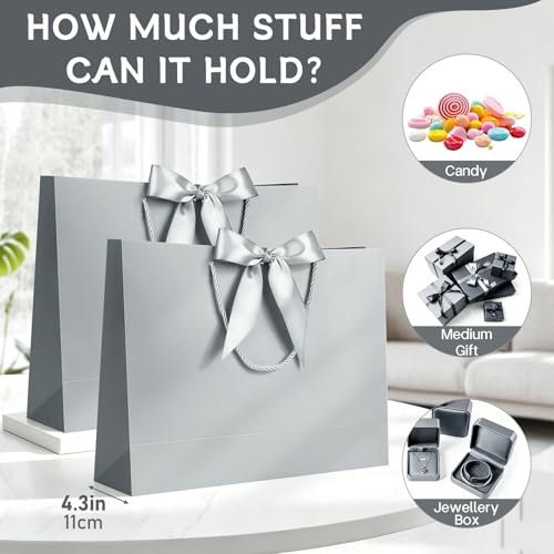 Image of JMANNI Gift Bags with Handles, 13 inch Medium Gift Bag for Presents, 8 Pcs Bags with 16 Tissue Paper and 8 Cards for Baby Shower Wedding Bridal Shower Mother's Day Birthday Party (silver
