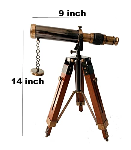 Aladean Decorative Brass Telescope 9" With Wood Tripod Stand Vintage Royal Spyglass Home & Office Table Decor Rustic Gift #TOP1