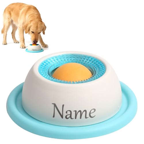 CQSXM Lick Bowl Personalizzata per Cani, Incisione Personalizzata del Nome, Giocattoli da Leccare per Cani con Sfera Girevole Integrata (Blu)