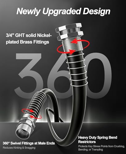 Image of Guitrees 2026 Upgraded Garden Hose 50FT x 5 /8 inch, Heavy Duty Rubber Water Hose with Five Layered Braiding, Swivel male and female Nickel-plated Brass Fittings, 1000PSI Burst, 300PSI Working (Black)