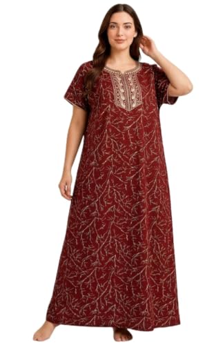 Image of DIAMO Pure Cotton Embroidery Nighty for Women, Cotton Night Gown, Night Maxi Gown, Cotton Nighty with a Pocket and Adjustable Knot