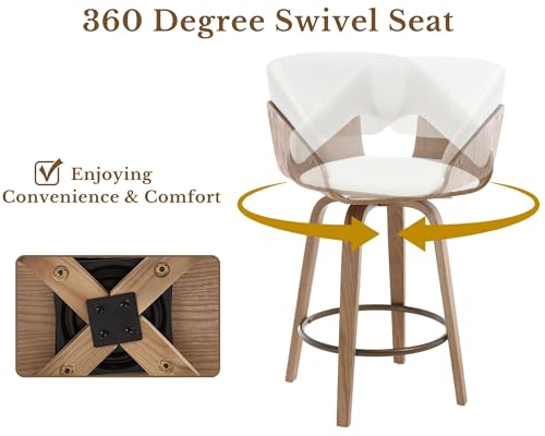 Image of 26'' Modern Barrel Swivel Counter Stools Counter Height Swivel Bar Stools with Backs Set of 6, White Linen Upholstered Bar Height stools, Farmhouse Solid Wood Barstools for Kitchen Island, Home Bar