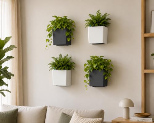 Image of Indian Discovery Self Watering Wall Hanging Planter|Hanging /Hooked Flower Pots for Home, Balcony, Vertical Garden Decor Flower Pots(2 PC, Grey, Square) |6 Inch UV-Resistant Plastic Plant Pots